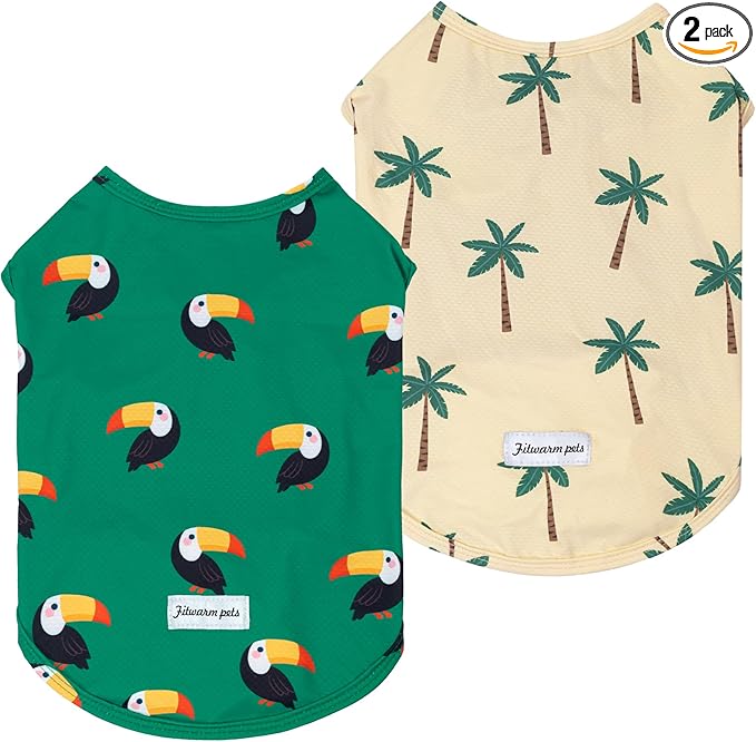 Fitwarm 2 Pack Toucan & Palm Tree UPF 50+ Sun UV Protection Dog Shirt, Lightweight Cooling Vest, Quick Dry Summer Clothes for Small Dogs Boy Girl, Pet Outfit, Green, Beige, XL