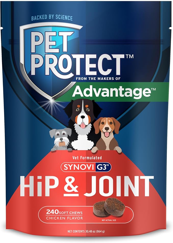 Dog Hip & Joint Supplement for Occasional Joint Stiffness, Vet-Formulated Synovi G3, Dog Glucosamine, Chicken-Flavored Soft Chews (240 Count)