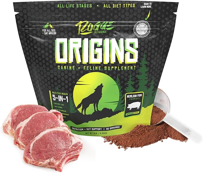 Origins 5-in-1 Dog Supplement - Powdered Food Topper w/Natural Heirloom Pork Protein- Supports Healthy Digestion, Skin, and Coat - Helps Reduce Itching & Joint Inflammation (5 lbs)