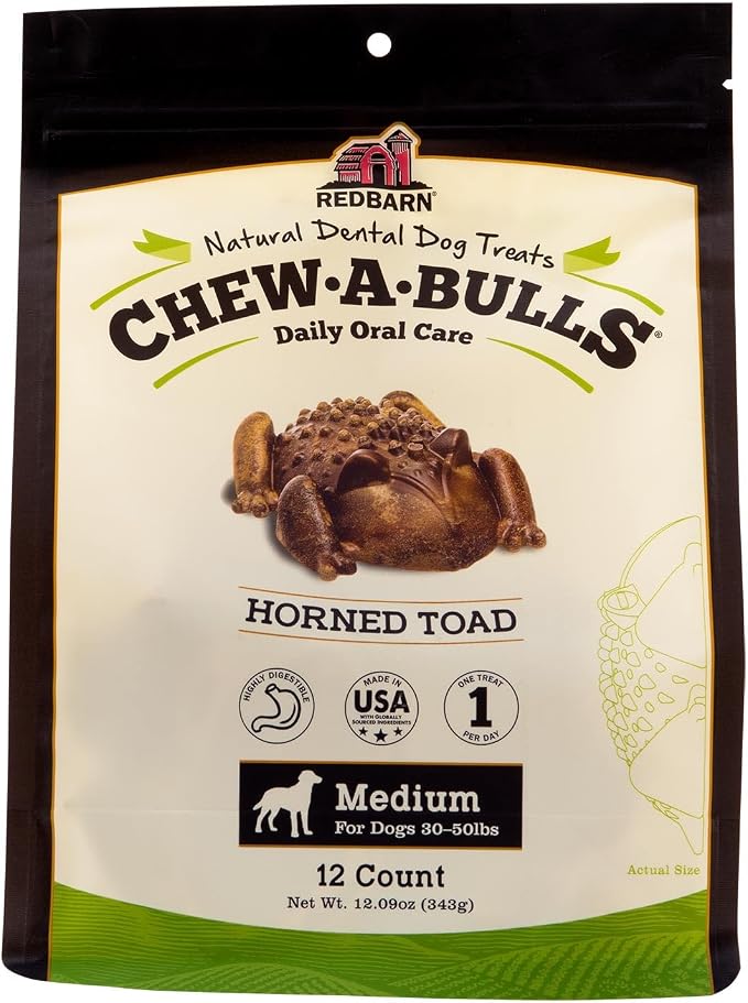 Chew-A-Bulls, 12 Pack – Medium Toad Shape Dog Dental Treats – Daily Oral Care with Fun Ridges & Grooves, All Natural Ingredients, Highly Digestible Chews & Low in Fat