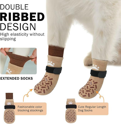 SCENEREAL Dog Socks to Prevent Licking Paws for Hot/Cold Pavement, Anti Slip High Top Dog Grip Socks for Hardwood Floors, Dog Shoes Booties&Paw Protector for Small Medium Large Senior Dog, Khaki M