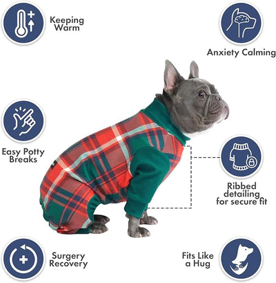 Spark Paws Dog Christmas Pajama, Dog Recovery Suit Male, Onesie, Ultra-Soft and 4-Way Stretch, for Small Medium and Large Breeds - Green and Red Plaid - 3XL
