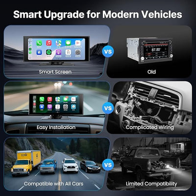 WonVon Wireless Car Play Screen, 10.26'' Monitor with Apple Carplay & Android Auto, 4K Portable Smart Touch Tablet Stereo Multimedia Dashboard, Bluetooth/FM/GPS/AUX