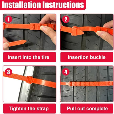 12PCS Car Snow Tire Chains, Reusable Portable Plastic Adjustable Snow Chains, Anti-Skid Zip Ties for Mud Mountain Road, Car Emergency Traction Cables for Safety Winter Driving (Orange)