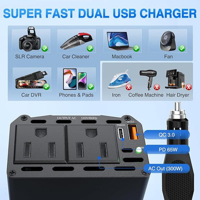 Nilight 300W Power Inverter 12V DC to 110V AC Car Converter with PD 65W USB C & QC3.0 for Phones Tablets Laptop Computer Game Console Kindle iPad DVD Players Black