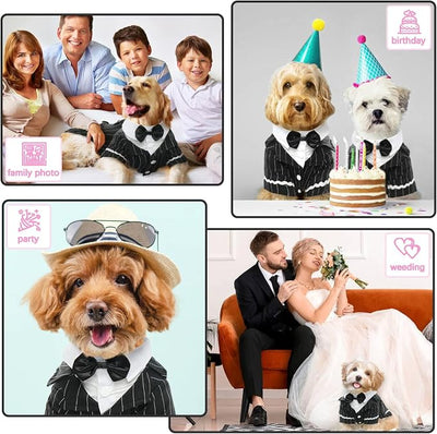 QBLEEV Dog Tuxedo Suit with Bow Tie, Formal Black & White Striped Dog Costume Outfit, Doggy Tux Prince Dress for Wedding Party Birthday Holiday, Elegant Dogs Attire for Golden Retriever Husky Border