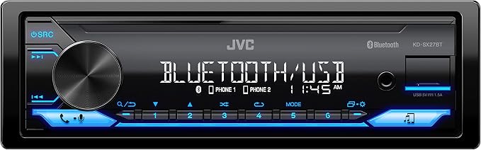 JVC KD-SX27BT Car Stereo with Bluetooth, 100W Digital Media Receiver, 1.5A USB, Single DIN Head Unit with AM/FM Radio & AUX-in, iOS/Android JVC Remote App, 13-Band EQ, Dual Phone Connection
