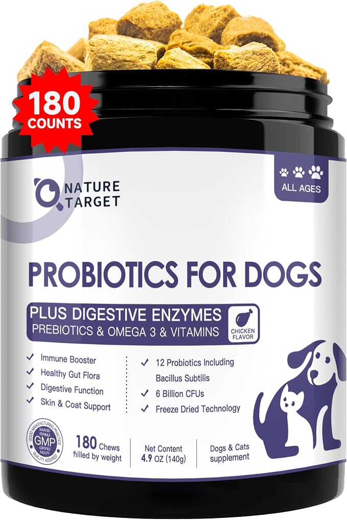 Probiotics for Dogs, 6 Billion CFUs, Freeze Dried Dog Probiotics with Prebiotics & Enzymes for Diarrhea, Gas, Vitamins & Omega 3 for Skin & Immune Health, Allergy Itch Relief, 180 Count