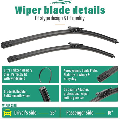 26" 16" 11" Windshield Wiper Blades Replacement for Lincoln MKC 2015 2016 2017 2018 2019 Premium All Weather Front Rear Wipers Set - OEM Quality (Pack of 3)