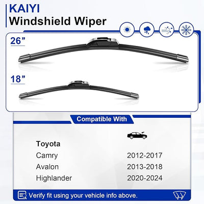 KAIYI 26" + 18" Windshield Wipers Compatible with Toyota Camry 2012-2017,Avalon 2013-2018,Highlander 2020-2024 Premium Automotive Replacement Windshield Wiper Blades 2 Pack
