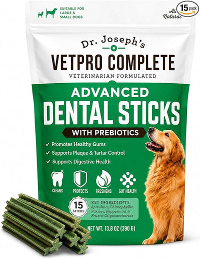 VetPro Complete Dr. Joseph's Advanced Dental Sticks with Prebiotics, 15 Sticks, Cleans Teeth, Freshens Bad Breath, and Supports Gut Health, Target Tartar and Plaque Build Up, Veterinarian Formulated