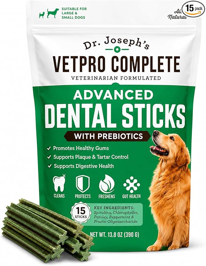 VetPro Complete Dr. Joseph's Advanced Dental Sticks with Prebiotics, 15 Sticks, Cleans Teeth, Freshens Bad Breath, and Supports Gut Health, Target Tartar and Plaque Build Up, Veterinarian Formulated
