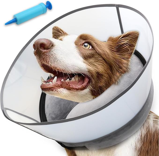 2-in-1 Inflatable Dog Cone Collar with Detachable Anti-Licking Shield, Soft Adjustable Elizabethan Collar for Dogs After Surgery (M, Grey)