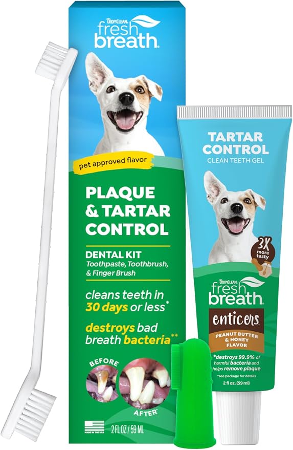Fresh Breath Plaque & Tartar Control Kit | Dog Toothpaste, Toothbrush & Finger Brush | Dog Toothbrushing Kit | Peanut Butter Flavor