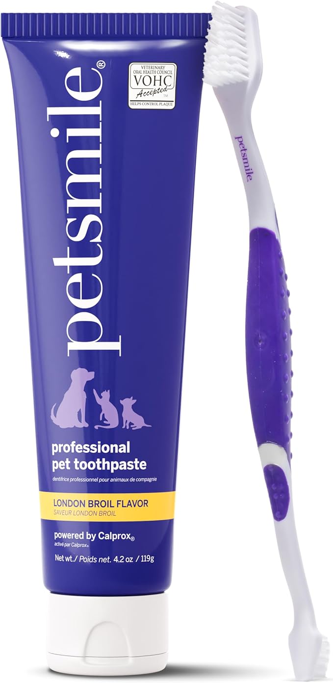 Professional Pet Teeth Brushing Kit for Cats & Dogs - VOHC Accepted Toothpaste & Patented Toothbrush - Proven to Control Plaque & Tartar Calprox Formula (London Broil, 4.2 Oz)