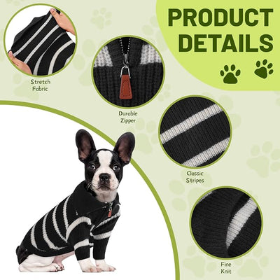 Small Dog Sweater with Zipper, Knitted Striped Pullover Dog Clothes for Cold Weather, Thick Warm Cozy Stretchy Sweater for Chihuahua, Bulldog, Dachshund, Pug(Black & White Strip, L)