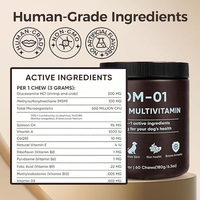 DM-01 Daily Multivitamin for Dogs, Multivitamin Itch Relief Chews Contain Glucosamine Probiotics Salmon Oil for Skin Coat, Gut & Immune Supports, 60 Chews (1)