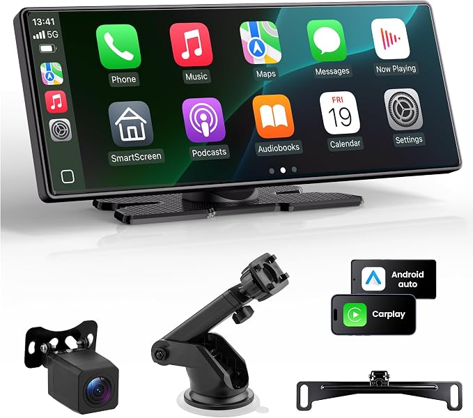 Carplay Screen for Car, 10.26'' Upgrade Wireless CarPlay & Android Auto Car Play Screen with OTA Updates,1080P Backup Cam (with a Cam Bracket), GPS Navigation, Voice Control for All Vehicles