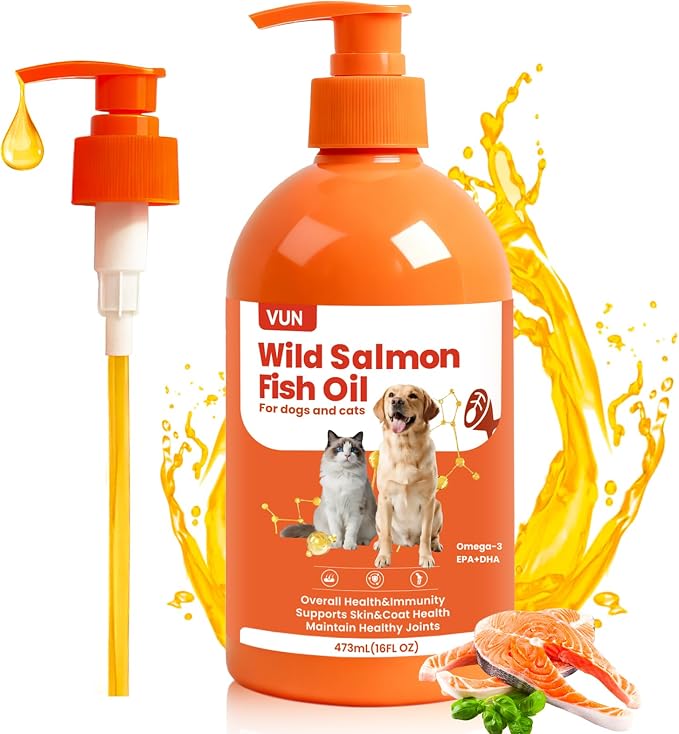 Salmon Fish Oil for Dogs & Cats,Unflavored Omega 3 Oil Supplement for Itchy Dry Skin,Allergy Relief,Joints&Paws,Brain,Eyes&Heart Treatment,Wild Liquid Fish Oil by Pump with EPA DHA–16 oz