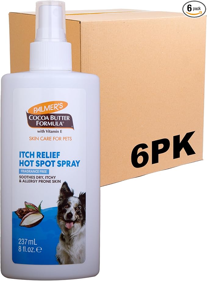 Palmer’s for Pets Hot Spot and Itch Relief Spray for Dogs with Cocoa Butter - Conditioning No-Rinse Skin Allergy Relief Mist with Vitamin E, Fragrance Free Formula, 8 Fl Oz - 6 Pack