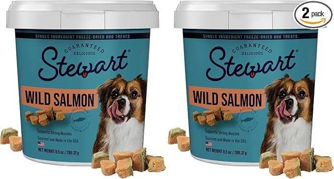 100% Wild Salmon Dog Treats, 9.5 oz Tub, ~190 Pieces, Freeze Dried Raw, Ingredient, 65% Protein Training Treats or Meal Topper, Grain Free, Gluten Free (Pack of 2)