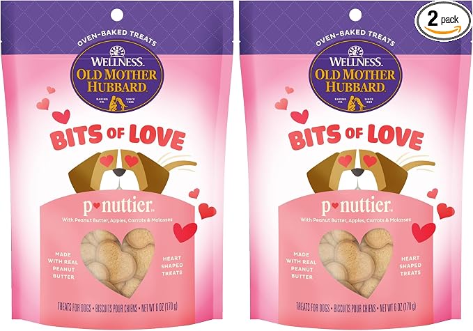 Old Mother Hubbard Wellness Bits of Love P-Nuttier Dog Biscuits, Natural Treats, Valentine's Day, Seasonal, Peanut Butter Flavor, 6 oz Bag (Pack of 2)