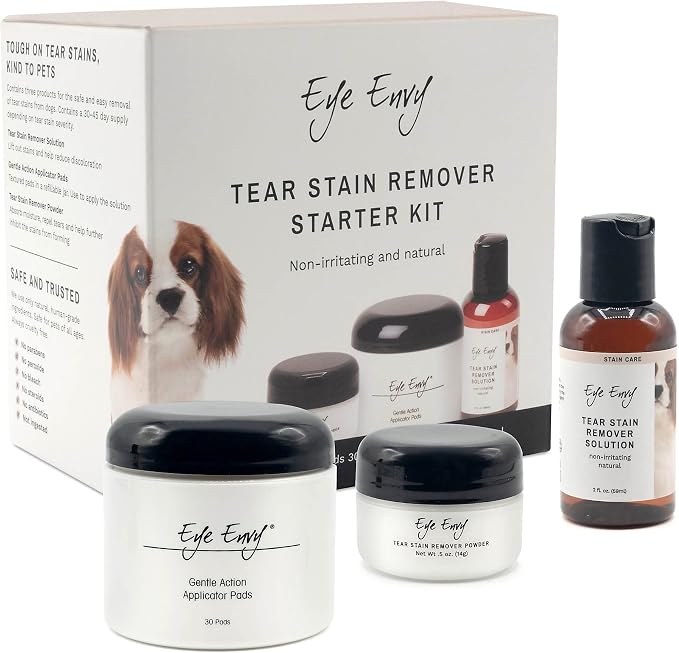 Dog Tear Stain Remover Starter Kit. 100% Natural, Safe. Contains: Stain Solution, Applicator Pads, and Stain Powder. Tear Stain Treatment Kit. Lasts 30-45 Days. Made in USA