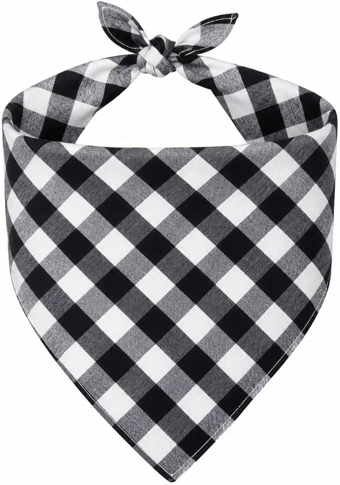 Cotton Linen Dog Bandanas 1 Pack, Plaid Checkered Bandana for Large Dogs, Soft Breathable Classic Dog Apparel & Accessories (Black Gingham, Large)