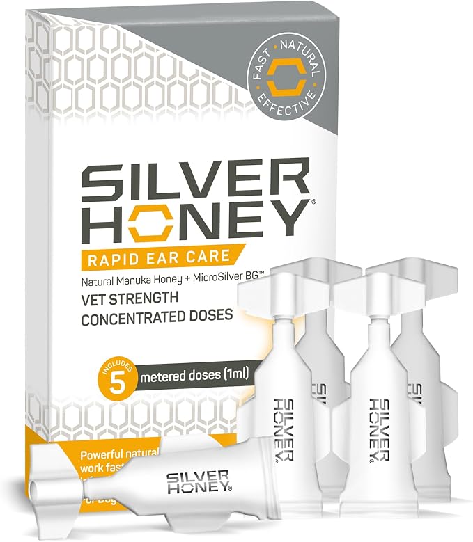 Silver Honey Rapid Ear Care Vet Strength Concentrated Doses, 5 Ear Drops for 10 Days on 1 Ear for Dogs & Cats, Medical Grade Manuka Honey & MicroSilver BG