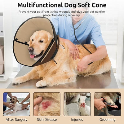 Queenmore Dog Cones for Large Dogs, Soft Dog Cone for Large Breeds, Cone for Dogs After Surgery, Adjustable Elizabethan Collar for Pet to Prevent Licking Wounds, Brown L