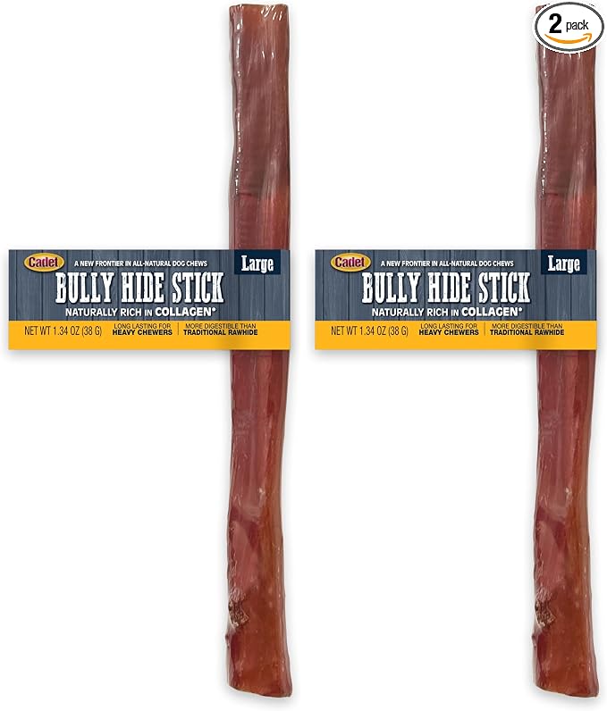 Bully Hide Sticks for Large Dogs, All-Natural Beef Pizzle, Limited-Ingredient Long-Lasting Dog Chews for Aggressive Chewers, 1 Count (Pack of 2)
