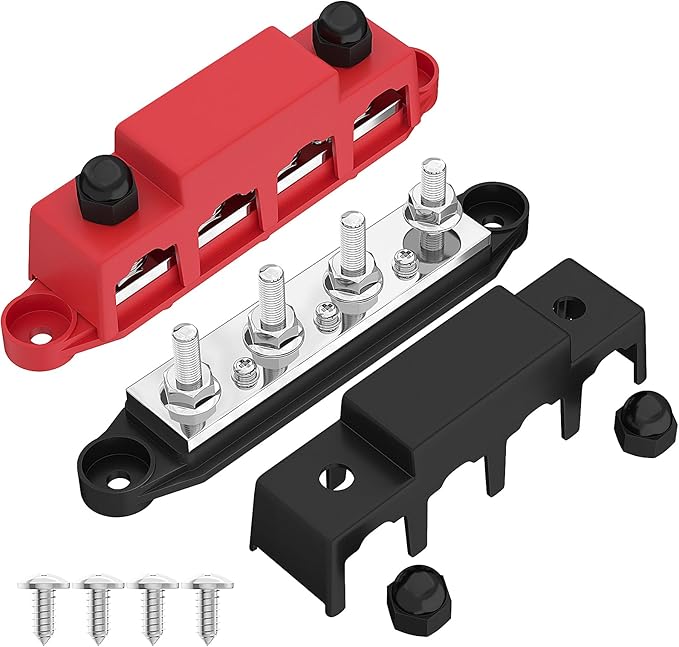Joinfworld Power Distribution Block Bus Bar 12V 250A with 4 x 5/16"(M8) Studs Marine Bus Bar 12 Volt DC Battery Busbar Terminal Block for Automotive, Car, Boat, Solar Wiring - Negative&Positive