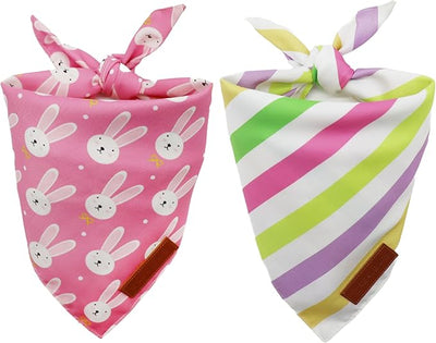 Realeaf Easter Dog Bandanas 2 Pack, Reversible Pink Bunny Colorful Stripe Spring Pet Scarf for Girl,Holiday Bandana for Small Medium Large and Extra Large Dogs (Large)