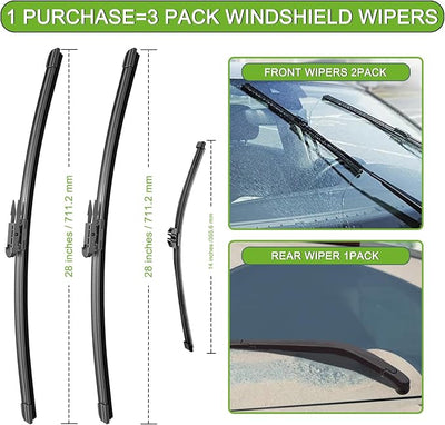 PARRATI® Windshield Wiper Blades for Ford Edge 2015-2025, 3 Pack | 28/28 Inch Front +14 Inch Rear, OEM Replacement, Ultra Quiet, No Streaks All Weather Wiping