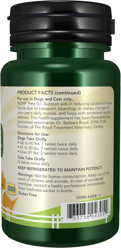 NOW Pet Health, G.I. Support Supplement, Formulated for Cats & Dogs, NASC Certified, 90 Chewable Tablets