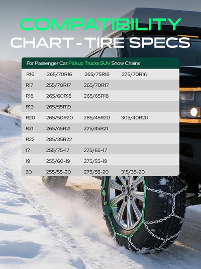 YHTAUTO Set of 2 Snow Chains 12mm for Pickup Truck SUV Passenger Car Universal Fit Tire Chains Auto-Tightening Quick Installation, Anti-slip Traction in Snow, Mud, Sand | SWC0002