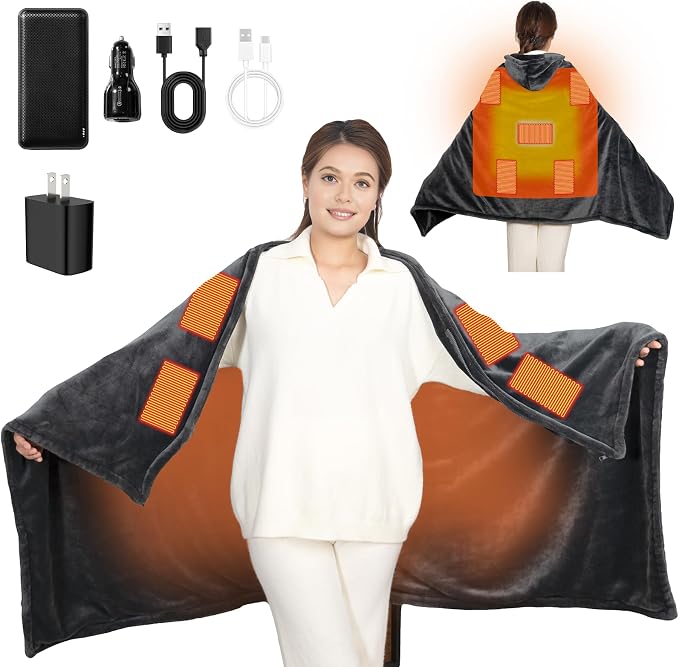 Cordless Heated Blanket with Hood, USB Battery Powered Heated Wearable Blanket with 9 Heating Zones, 20000 mAh Power Bank, 3 Levels, Portable Heated Throw Blanket, Heated Shawl (Warm Cozy Gray)