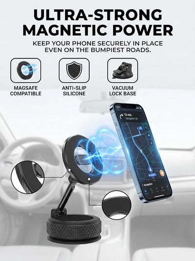 360° Rotating Vacuum Magnetic Car Phone Holder – Strong Suction Cup Windshield & Window Mount for iPhone & All Phones – Hands-Free Driving Navigation Bracket Includes Magnetic Ring