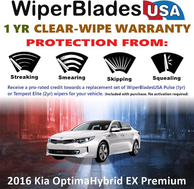 WiperBladesUSA Wiper Blades Set w/ 1yr warranty compatible with Kia Optima 2016 Hybrid EX Premium Wipers (Set of 2) Pulse Wipers