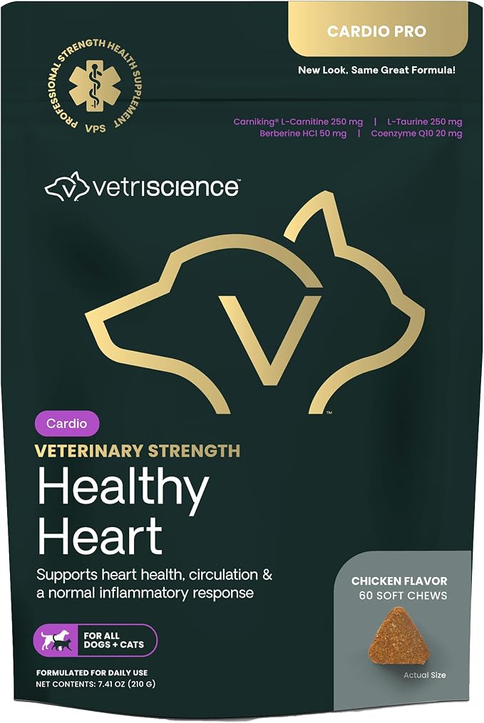 VETRISCIENCE Veterinary Strength Healthy Heart Chews - Heart & Energy Supplement for Pets - Cardiovascular Supplement - Pet Blood Flow Support - Chicken Flavor - 60 Count