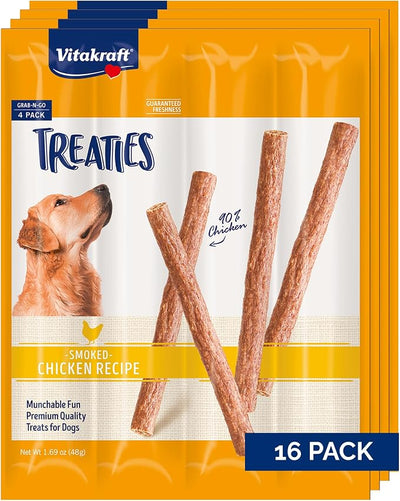 Vitakraft Treaties Dog Treat Sticks - Dog Sticks with 90% Real Chicken & Natural Smoke Flavor - Chewy & Fresh Pet Snacks for On-The-Go (Smoked Chicken, 16 Count)