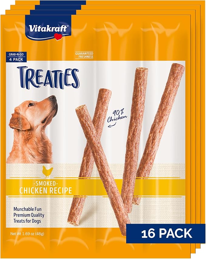 Treaties Dog Treat Sticks - Dog Sticks with 90% Real Chicken & Natural Smoke Flavor - Chewy & Fresh Pet Snacks for On-The-Go (Smoked Chicken, 16 Count)