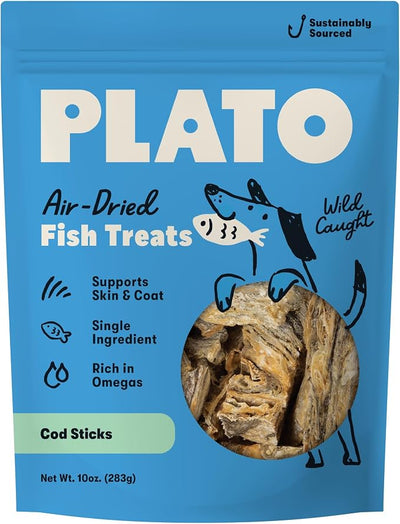 Plato Single Ingredient Wild-Caught Cod Skin Bites Dog Treats, Air-Dried Omega-Rich Skin & Coat Support, 10 oz