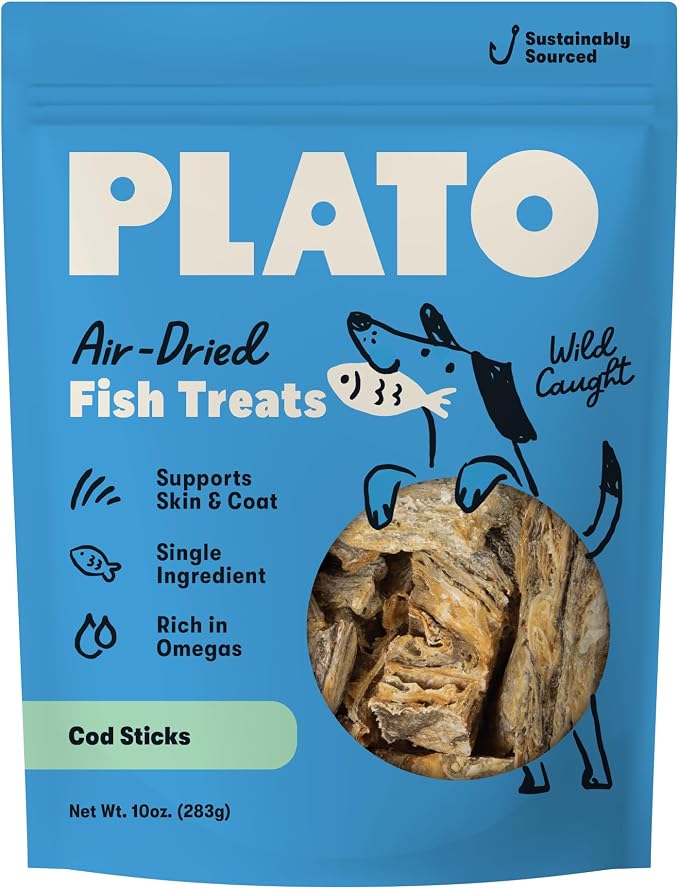 Plato Single Ingredient Wild-Caught Cod Skin Bites Dog Treats, Air-Dried Omega-Rich Skin & Coat Support, 10 oz