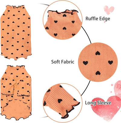 Pet Clothes for Small Dogs Cat Summer Fall Heart Print Shirt Stretchable Ruffle Long Sleeve Outfits for Chihuahua Schnauzer Shih Tzu Yorkie (Orange, Large)