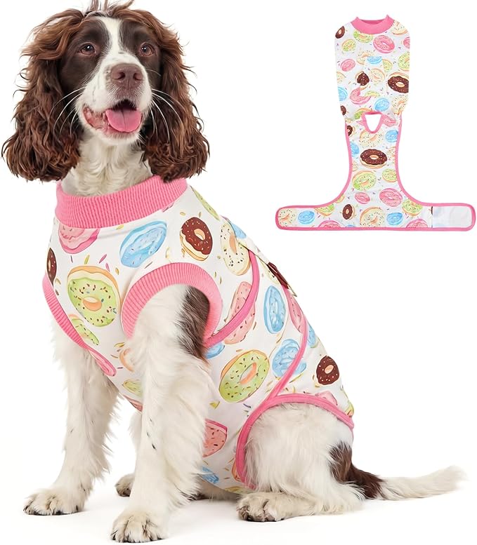 Dog Surgery Recovery Suit, Soft Breathable Dog Recovery Suit for Female Spay Male Nueuter, Anti Licking Puppy Onesie Pet Surgical Suit for Dogs Abdominal Wounds Skin Disease, Donut M