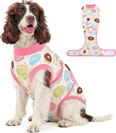 Kuoser Dog Surgery Recovery Suit, Soft Breathable Dog Recovery Suit for Female Spay Male Nueuter, Anti Licking Puppy Onesie Pet Surgical Suit for Dogs Abdominal Wounds Skin Disease, Donut L