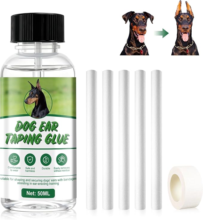 Pet Ear Taping Glue, Doberman Ear Posting Kit, Dog Ear Posting Kit with Ear-Up Cotton Swabs, Long-Lasting and Non-Detachable Adhesive, Suitable for Daily Care of All Dog Breeds