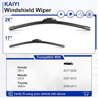 KAIYI 26" + 17" Windshield Wipers Compatible with Honda CR-V 2017-2022,Mazda CX-9 2007-2015,Toyota Matrix 2009-2014 Premium Automotive Replacement Windshield Wiper Blades 2 Pack