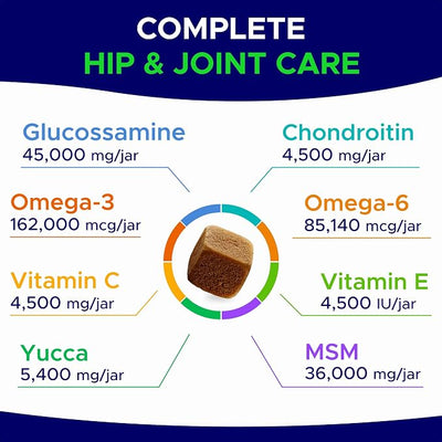 Glucosamine for Dogs Hip & Joint Supplement - Chondroitin, Omega-3, MSM - Joint Health & Pain Relief - Senior & Large Dogs - Made in USA - 180 Mobility Chews